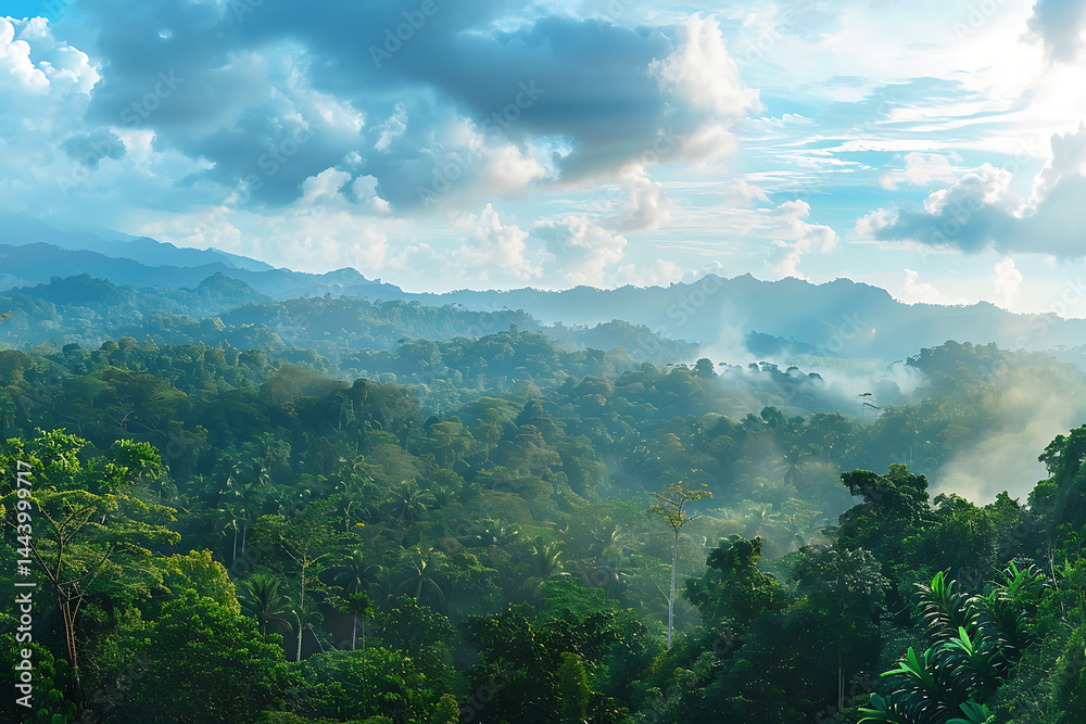 Naklejka premium Lush green forest landscape with misty mountains under cloudy sky