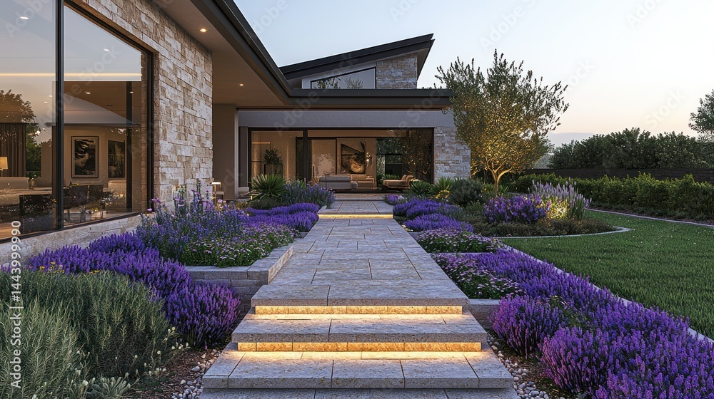 Modern home exterior with pathway and lavender landscaping