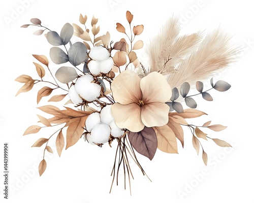 Illustration of a boho flower bouquet with watercolor cotton leaves, dried foliage, eucalyptus, pampas grass, and beige flowers, highlighting serene allure