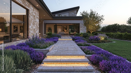 Obraz na płótnie Modern home exterior with pathway and lavender landscaping w salonie