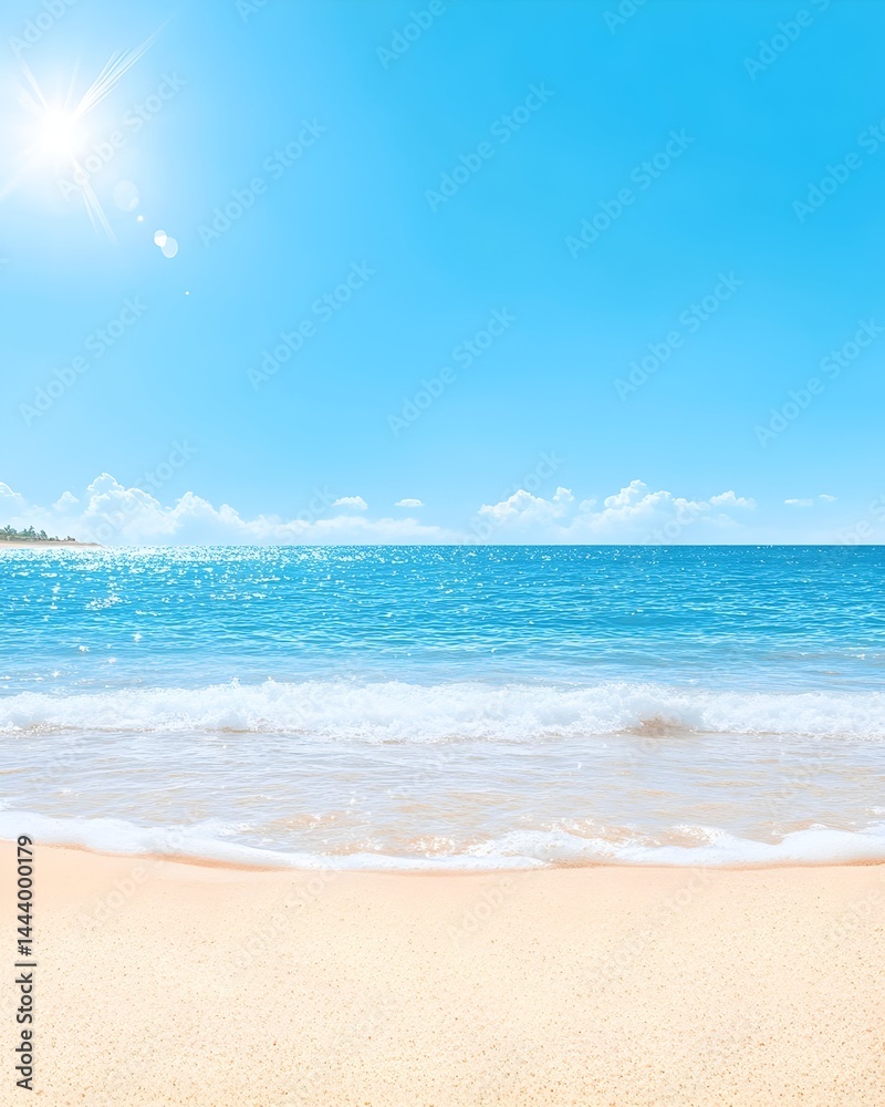 Fototapeta premium Sunny beach scene with calm blue ocean, white sand, and a distant shoreline under a bright sun