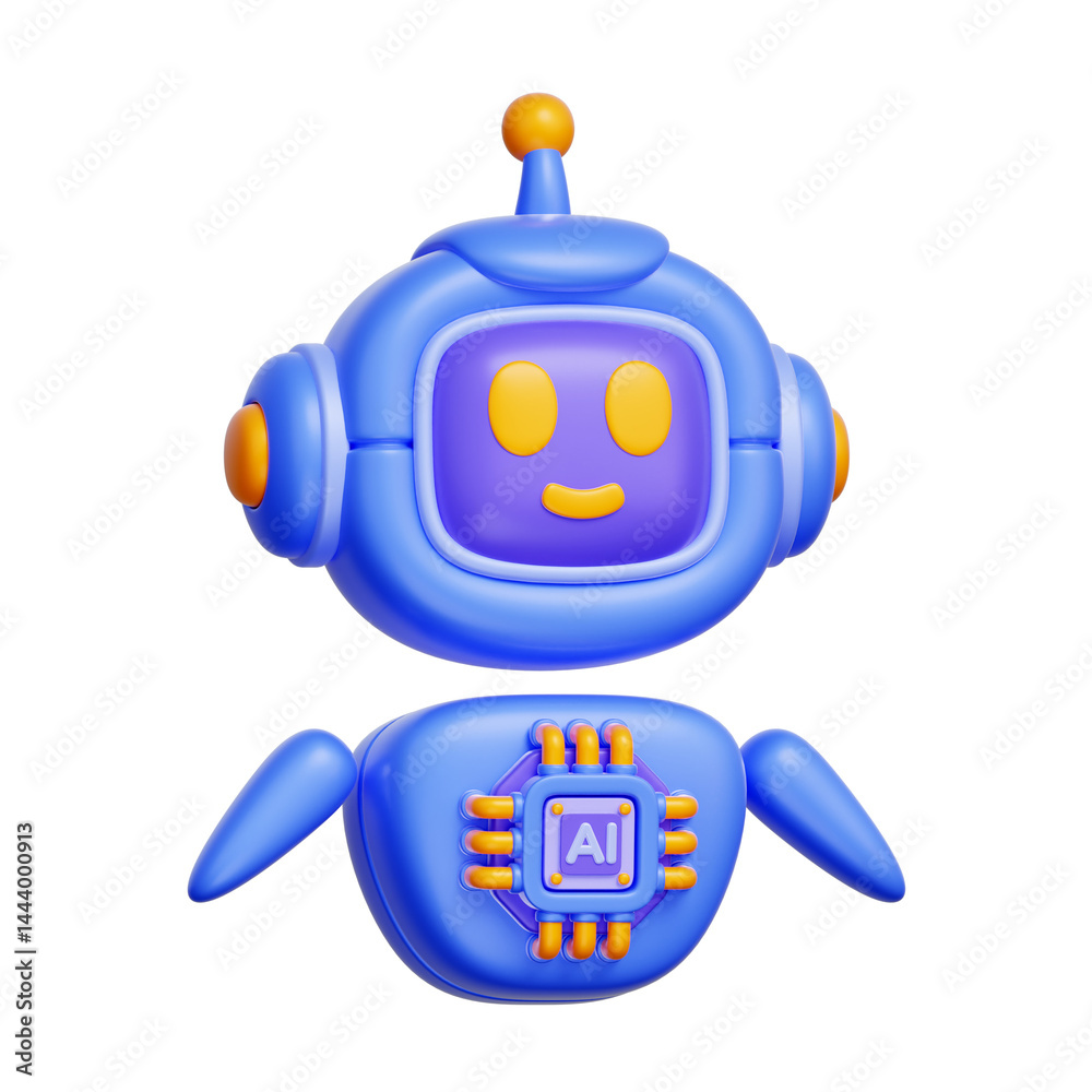 Fototapeta premium 3D icon of a robot with AI chip on chest, representing everyday AI companion and helper robot.