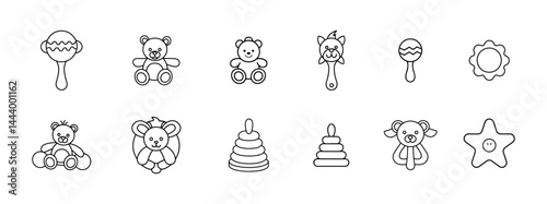 Outlined collection of baby toys including rattle, bear, pyramid and starfish for newborn, infant isolated drawing on a transparent background