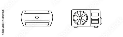 Linear drawing of an air conditioning system, showing the indoor and outdoor units for temperature control and ventilation on a transparent background