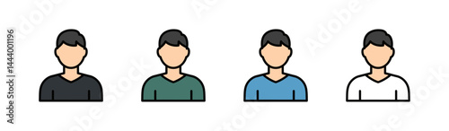Row of four simple people profile icons wearing different shirts, upper body only, minimal style, isolated. on a transparent background