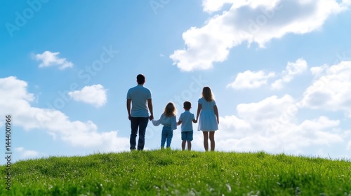 A family of four standing on a grassy hilltop, looking out over a bright blue sky with fluffy white clouds, and serene and peaceful outdoor scene.