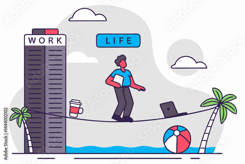 An illustration depicting a person carefully walking a tightrope between a tall "WORK" building and a "LIFE" scene with palm trees and a beach ball.