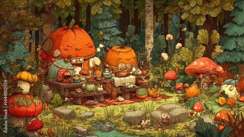 Pumpkin characters enjoying a woodland tea party.