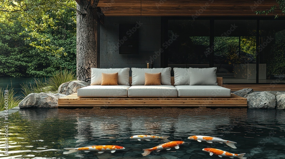 Modern zen patio lounge over tranquil water feature