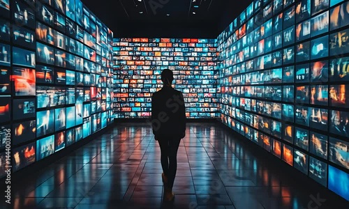 Person surrounded by many screens, walking in a hall of endless screens showing different scenes