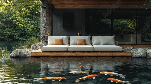 Modern zen patio lounge over tranquil water feature
