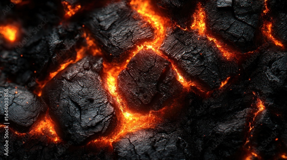 Molten lava flowing through charred rocks