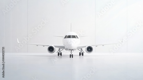White jet aircraft on a white floor