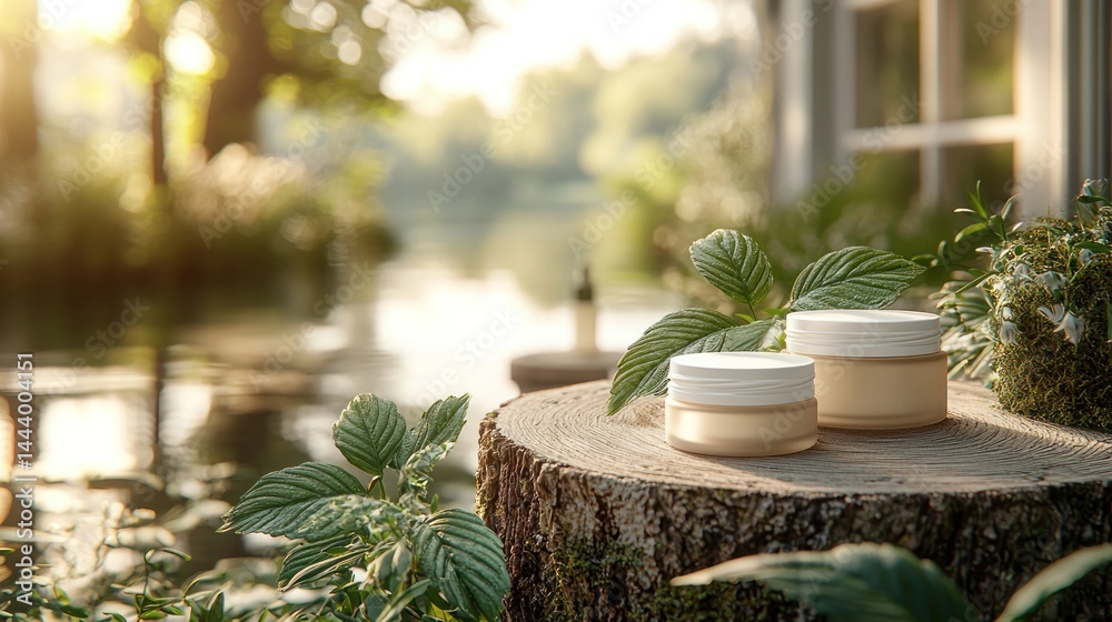 Natural skincare products displayed outdoors in a tranquil setting