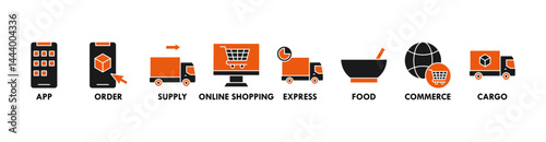 Delivery service banner web icon vector illustration concept with icon of app, order, online shopping, supply, express delivery, food delivery, commerce, and cargo