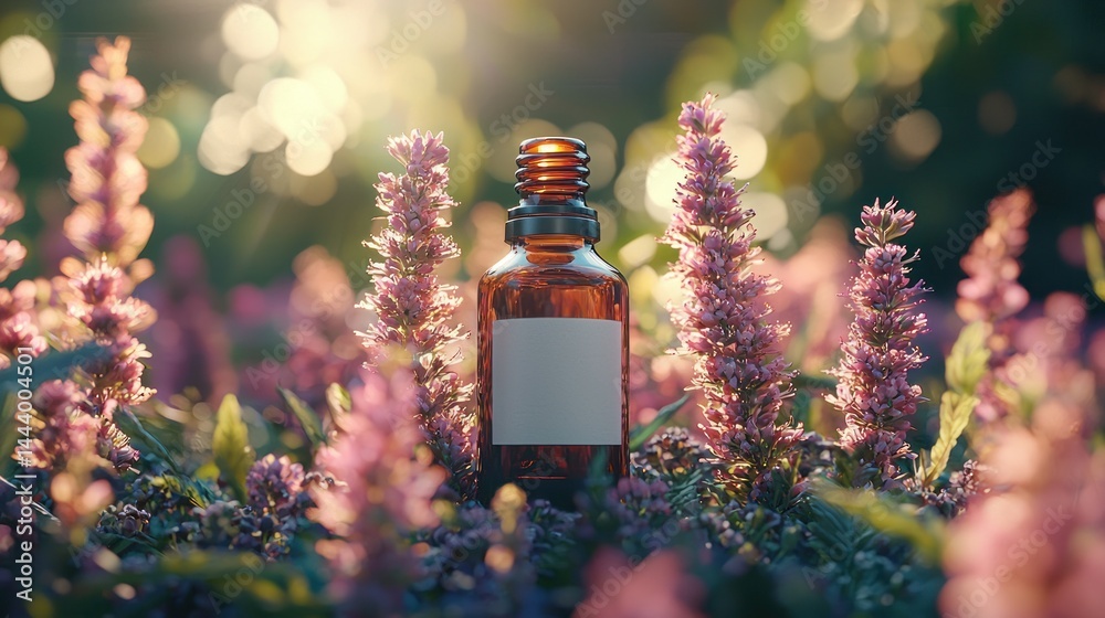 Nature-based herbal remedy bottle amidst vibrant flowers