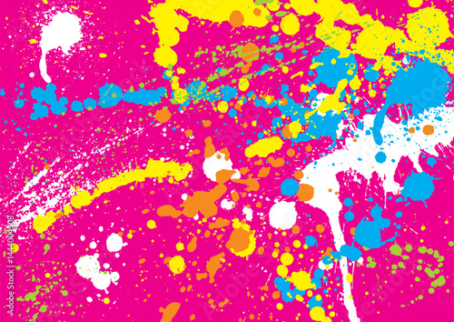 右上から左下へカラフルなインクを散らしたピンクの背景