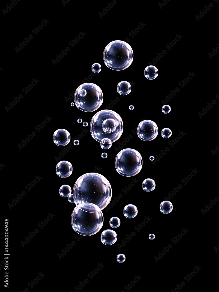 A cluster of translucent bubbles of varying sizes floats against a stark black background A cluster of translucent bubbles of varying sizes floats against a stark black background