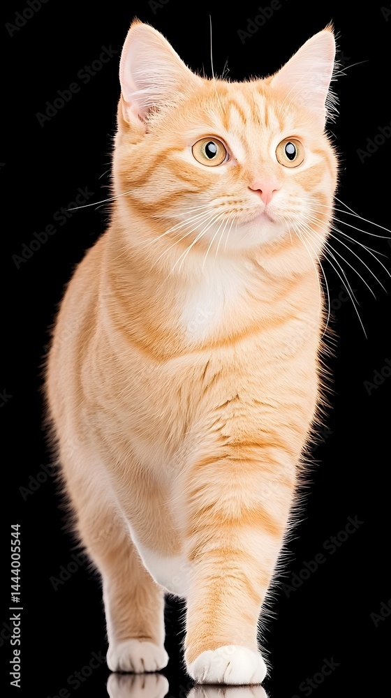 Fototapeta premium A ginger cat with white chest fur walks, gazing intently to its right against a black background