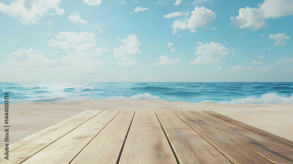 Fototapeta premium Wooden floor or plank on sand beach in summer, calm sea and blue sky background. [Surreal Oceans] | Sapphire Shores | blue sands. Illustration