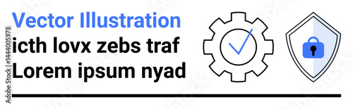 Blue checkmark inside a gear, shield with a lock symbol, and placeholder text. Ideal for security, data protection, optimization, compliance, reliability, technology and flat landing page banner