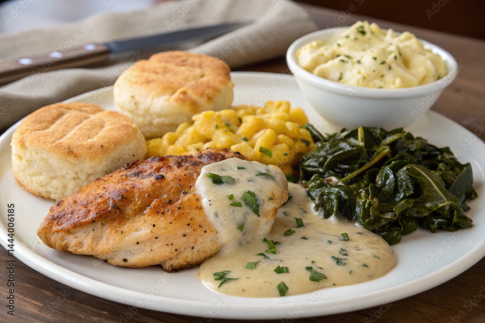 Chicken with biscuits, gravy, mac ‘n cheese, collard greens