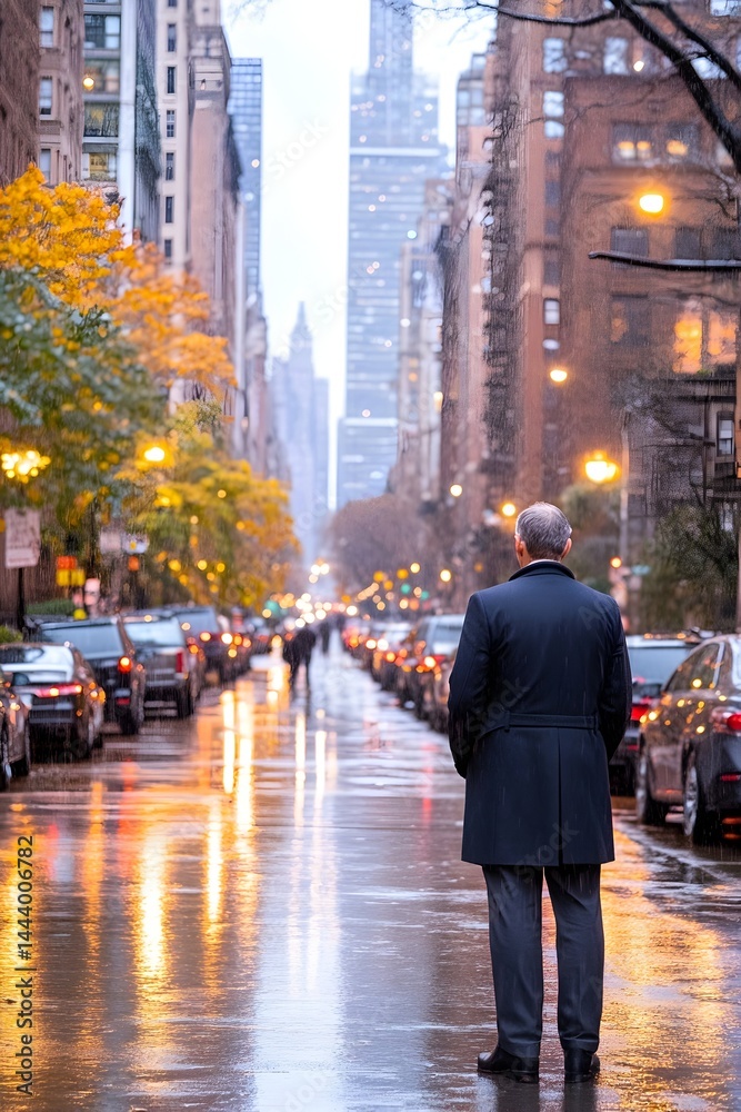 A man in a coat stands on a rain-slicked city street at dusk, cars parked along the curb, tall buildings in the background A man in a coat stands on a rain-slicked city street at dusk, cars parked along the curb, tall buildings in the background