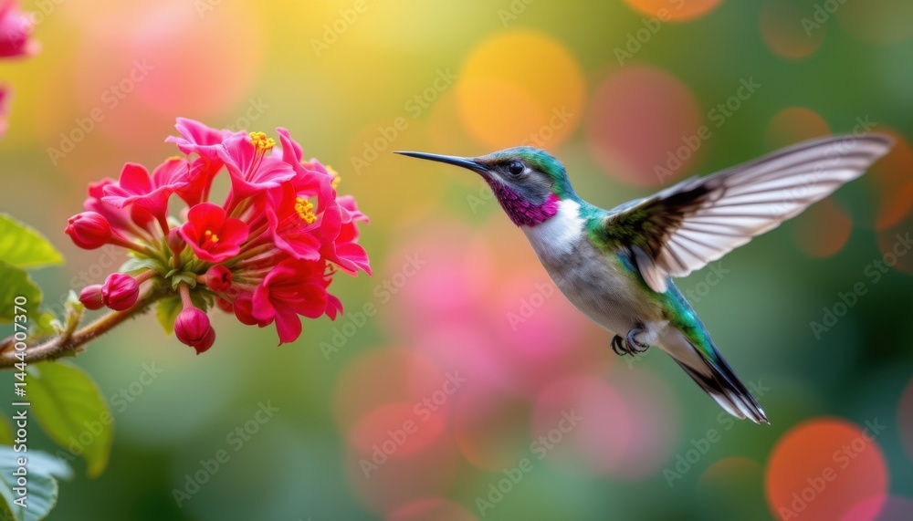 Fototapeta premium Hummingbird feeding on vibrant flowers tropical garden nature photography colorful environment close-up view beauty of wildlife