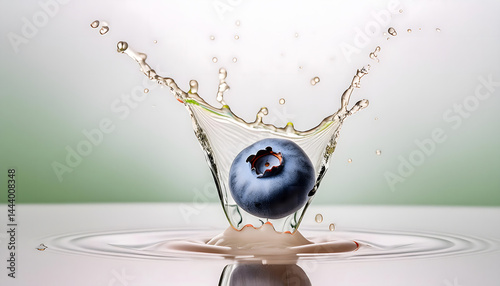 Capture the essence of refreshment with this high-resolution blueberry photography featuring a powerful liquid explosion. This dynamic image freezes time as ripe, juicy blueberries burst with vibrant 