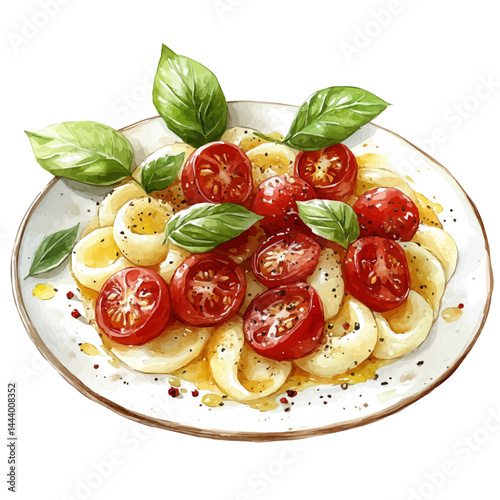 Gnocchi In Creamy Tomato Sauce, watercolor vector, isolated on a white background.