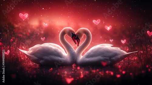 Fototapeta Naklejka Na Ścianę i Meble -  Two swans forming a heart shape against a red backdrop