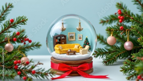 Christmas snow globe displaying cozy living room scene festive home decor indoor environment aesthetic viewpoint seasonal concept