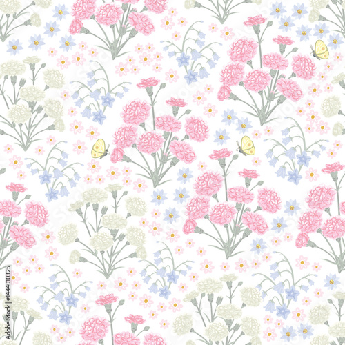 Seamless pattern of carnations and bell flowers, Artwork drawn from painted software. You can Edit from eps file