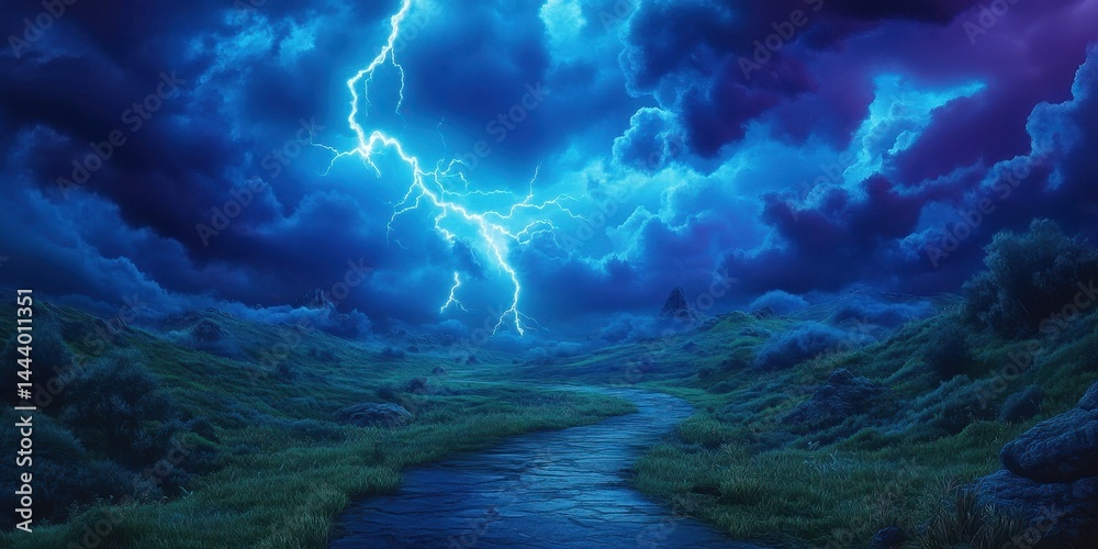 Obraz premium Dramatic thunderstorm over a serene, winding river valley.