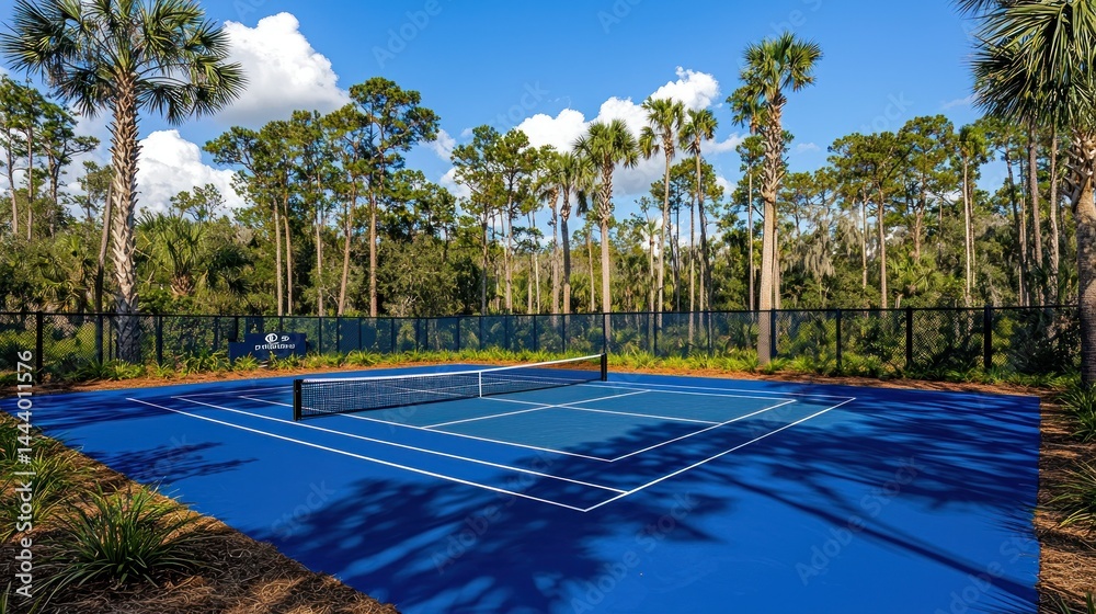 Outdoor tennis court surrounded by lush greenery