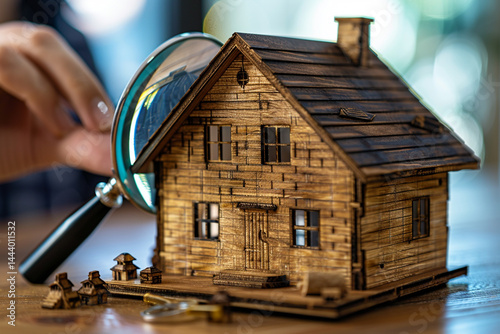 A skilled real estate appraiser meticulously examines a charming wooden house using a magnifying glass, conducting a thorough property valuation and appraisal to find perfect home in bustling real est