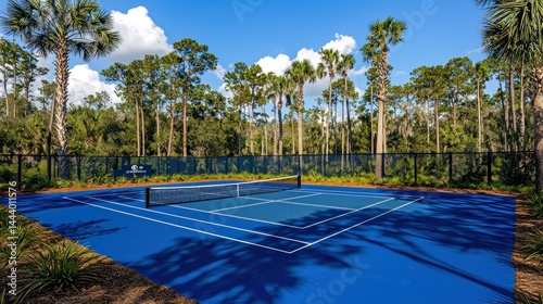 Obraz na płótnie Outdoor tennis court surrounded by lush greenery w salonie