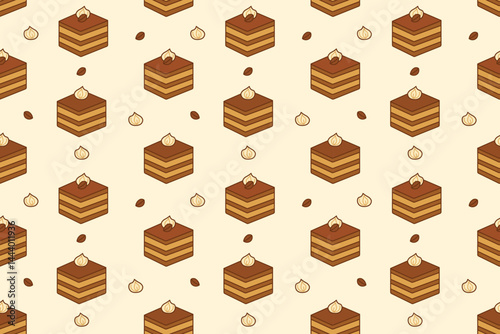 Tiramisu Sliced Cake Seamless Repeat Pattern with Coffee Beans and Cream
