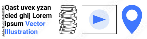 Stacked coins, play button inside a square, and a map pin in blue. Ideal for finance, video streaming, location services, navigation, digital platforms, education and a simple landing page