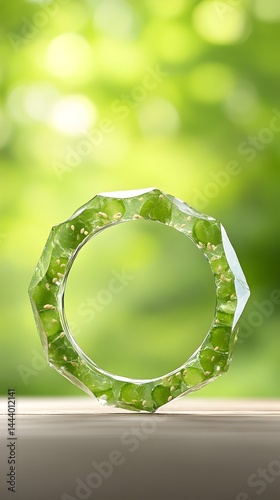 Faceted green resin bangle with embedded gold flecks, resting on a wooden surface against a blurred green backdrop