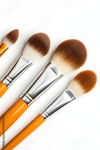 Four orange-handled makeup brushes with soft brown bristles, arranged on a white background