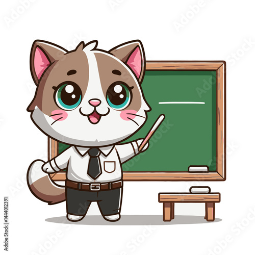 Cartoon Cat Teacher Explaining Lesson at Chalkboard in Classroom Wearing Uniform