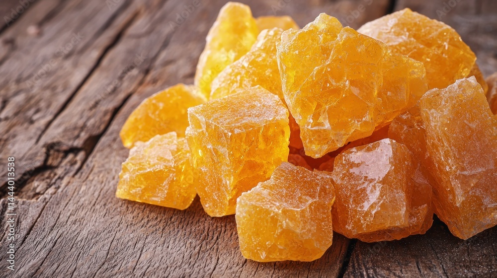 Pile of golden amber crystals on rustic wood