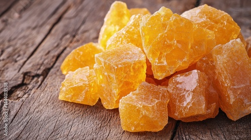 Pile of golden amber crystals on rustic wood