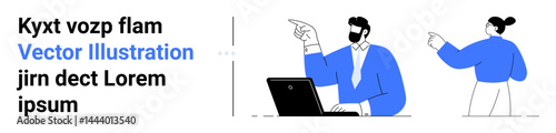 Man using laptop and pointing, interacting with woman gesturing during collaborative discussion. Ideal for teamwork, communication, leadership, office dynamics, brainstorming, remote work, simple