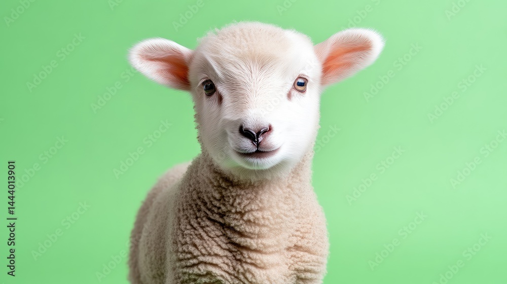 Fototapeta premium Cute young lamb looking directly at the camera against a solid green studio background.