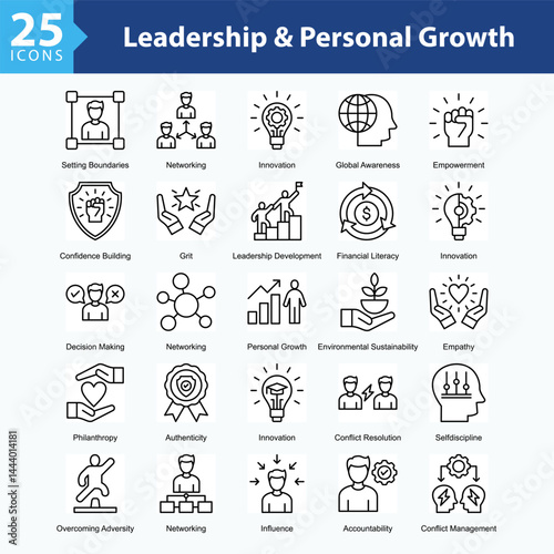 Leadership & Personal Growth is a collection of icons in sheet format illustrating self-development, leadership, decision-making, and global and social awareness throughout personal growth journeys.