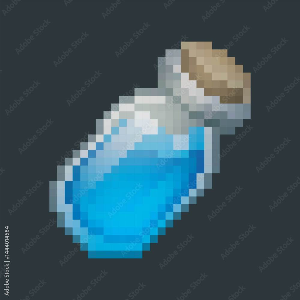 Fototapeta premium blue potion bottle in pixel art style with isolated background