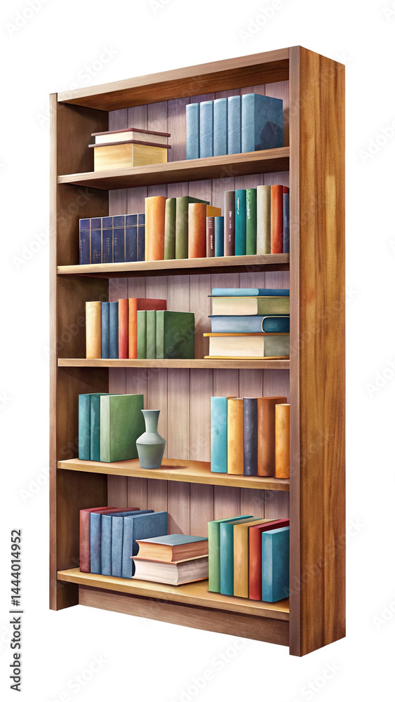 A wooden bookcase filled with books and a vase on shelves A wooden bookcase filled with books and a vase on shelves