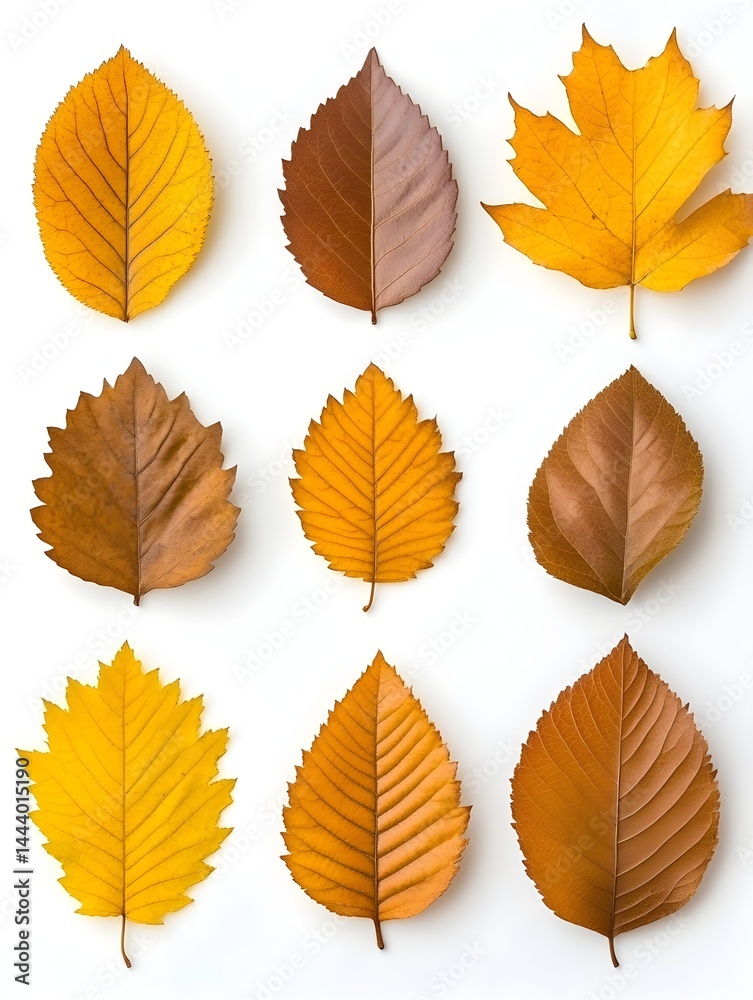 Obraz premium Nine autumn leaves, various shapes and colors, arranged on white background